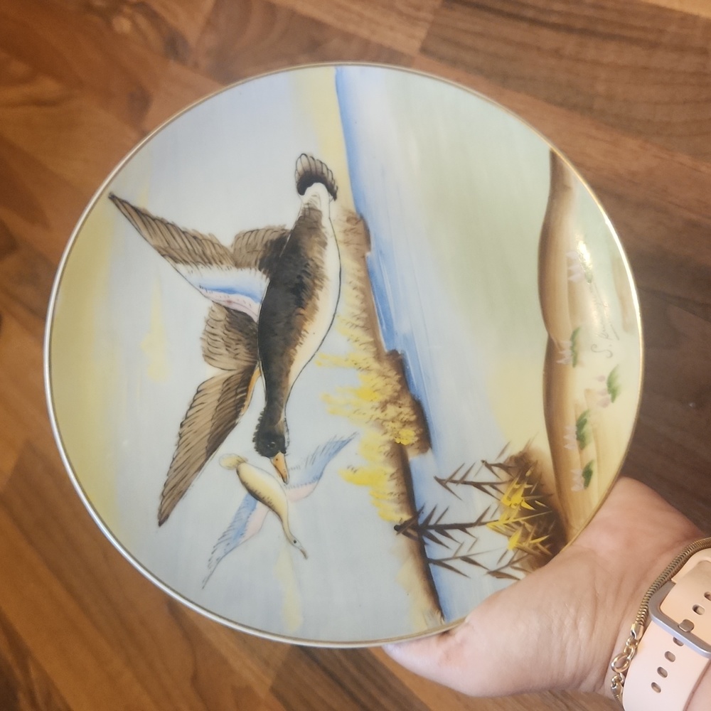 Handpainted Plate Vintage Japanese Porcelain Flying Ducks Over Water
